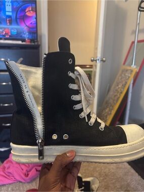Rick Owens Black and White High-Top Zip-Detail Boots